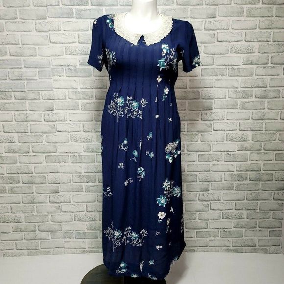 Vintage 80s 90s Karin Stevens Cottagecore Pintucked Crepe Floral Tie Back Midi‎ - Picture 1 of 10